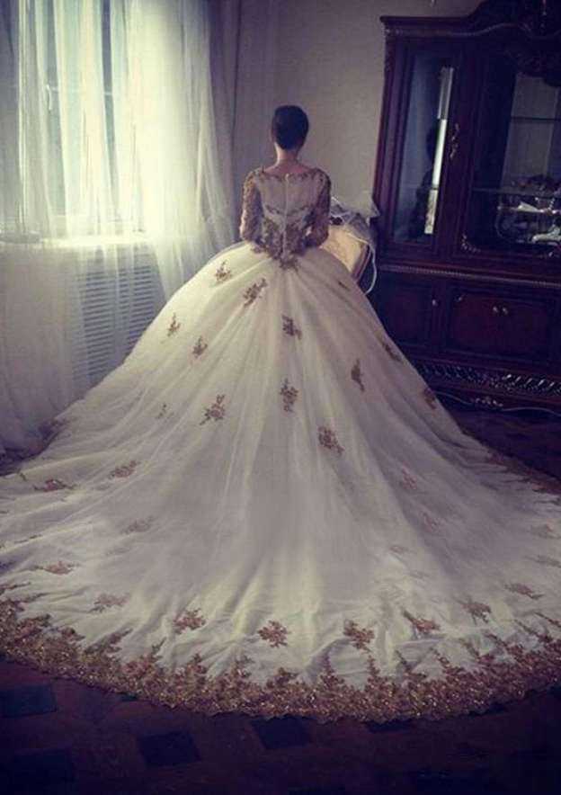 Beaded Bateau Ball Gown Wedding Dress with Lace and Court Train BM bride