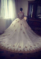 Beaded Bateau Ball Gown Wedding Dress with Lace and Court Train BM bride