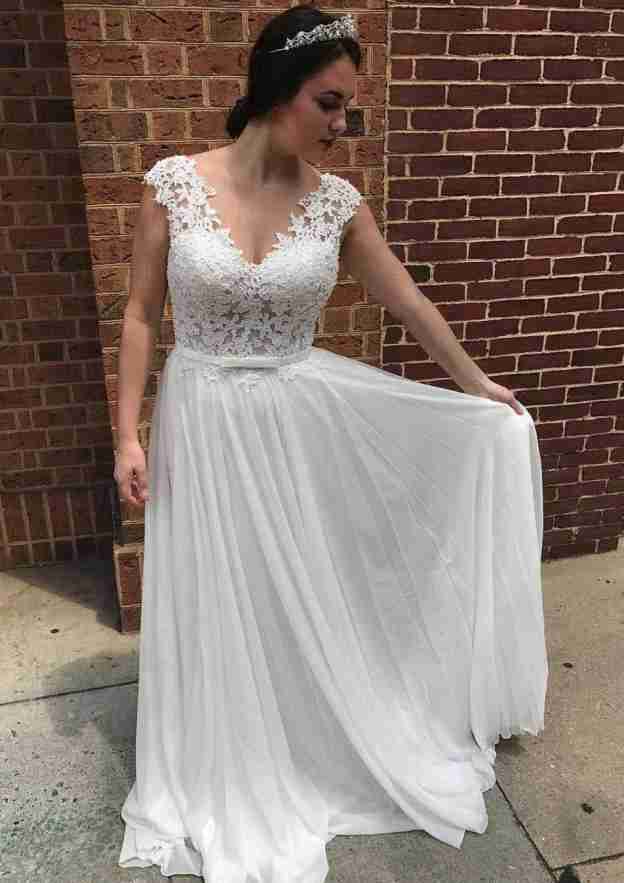 Elegant Lace Bowknot A-Line Wedding Dress with V-Neckline and Graceful Sweep Train BM bride