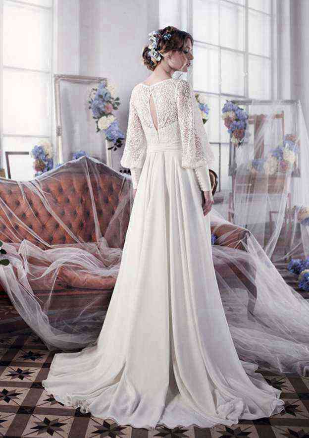 Beautiful Bateau Court Train Chiffon Wedding Dress with Bowknot in A-Line/Princess Style BM bride