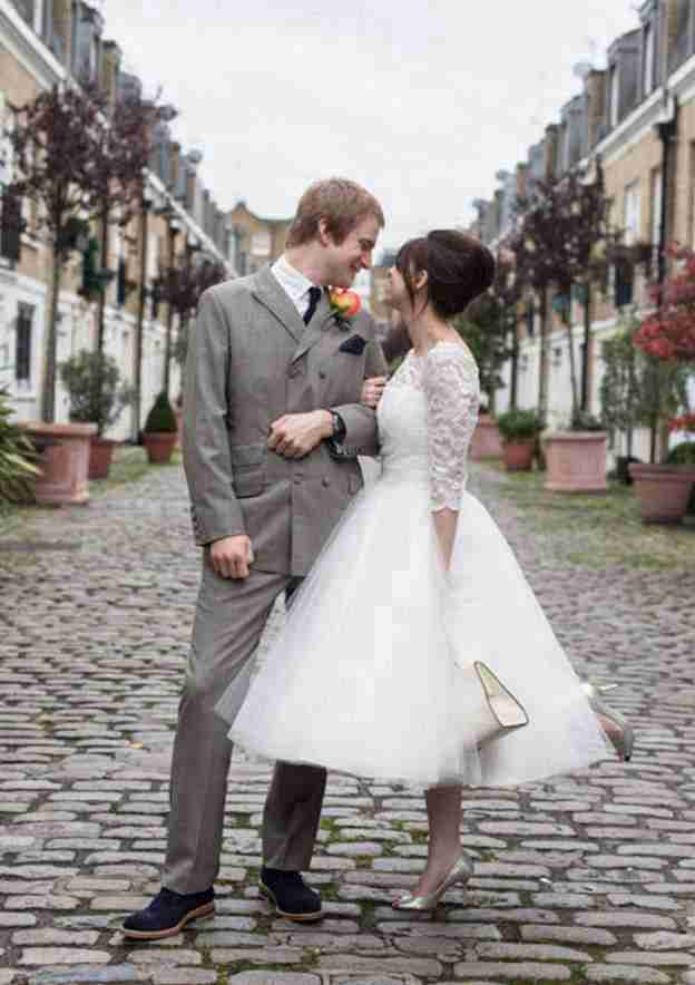 Chic Tulle Ball Gown: Bateau Neck Tea-Length with Lace Accents BM bride