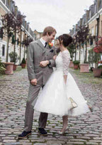 Chic Tulle Ball Gown: Bateau Neck Tea-Length with Lace Accents BM bride