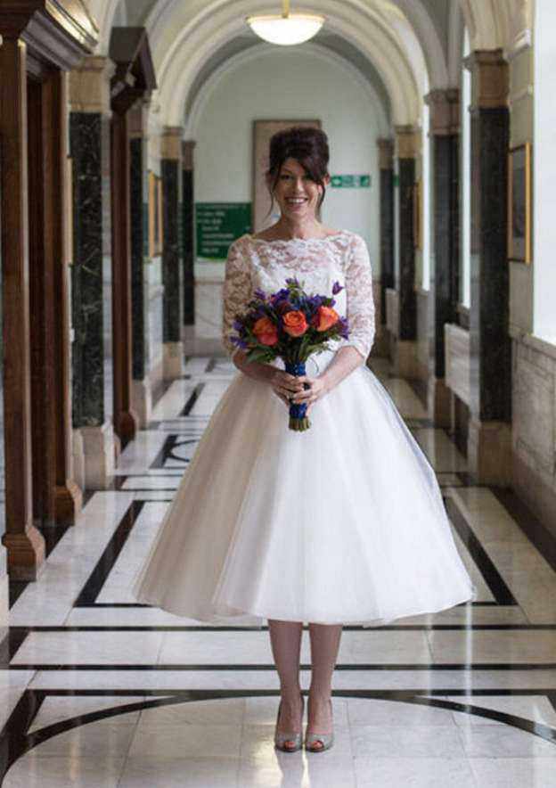 Chic Tulle Ball Gown: Bateau Neck Tea-Length with Lace Accents BM bride