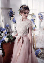 Bowknot Bateau Tulle A-Line/Princess Wedding Dress with Court Train BM bride