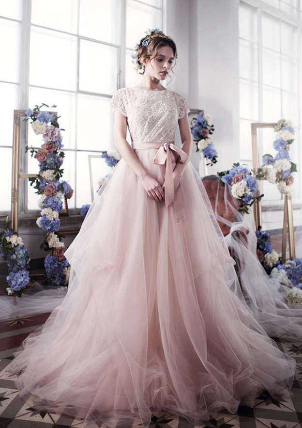 Bowknot Bateau Tulle A-Line/Princess Wedding Dress with Court Train BM bride