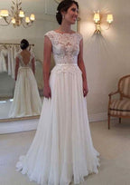 Refined Chiffon A-Line/Princess Bateau Long/Floor-Length Wedding Dress with Lace Detailing BM bride