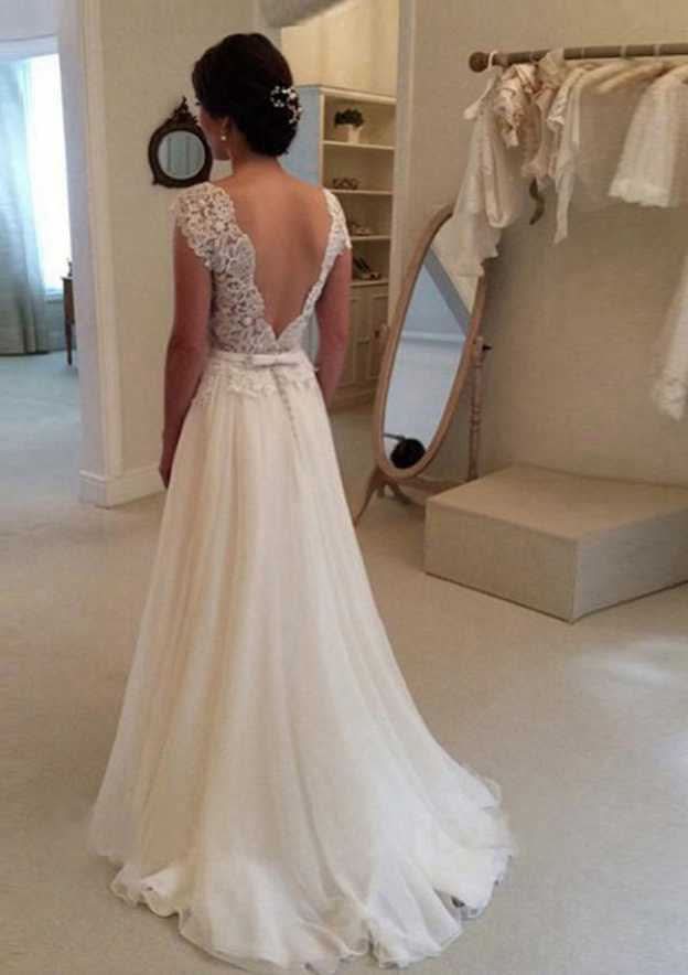 Refined Chiffon A-Line/Princess Bateau Long/Floor-Length Wedding Dress with Lace Detailing BM bride