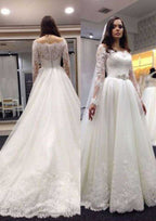Chic A-Line/Princess Lace Wedding Dress with Off-The-Shoulder Neckline and Pleated Court Train BM bride