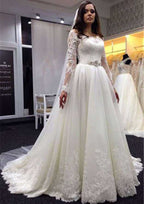 Chic A-Line/Princess Lace Wedding Dress with Off-The-Shoulder Neckline and Pleated Court Train BM bride