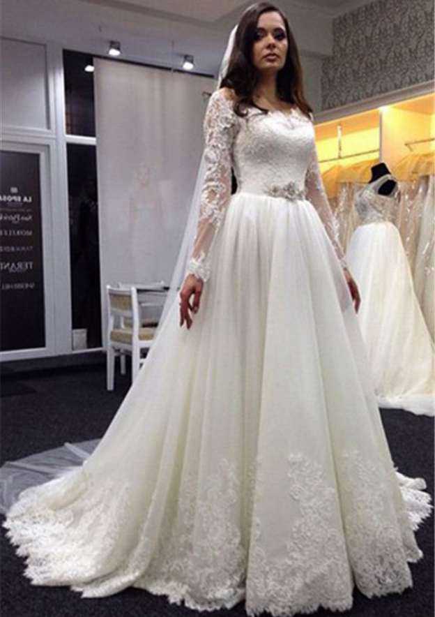 Chic A-Line/Princess Lace Wedding Dress with Off-The-Shoulder Neckline and Pleated Court Train BM bride