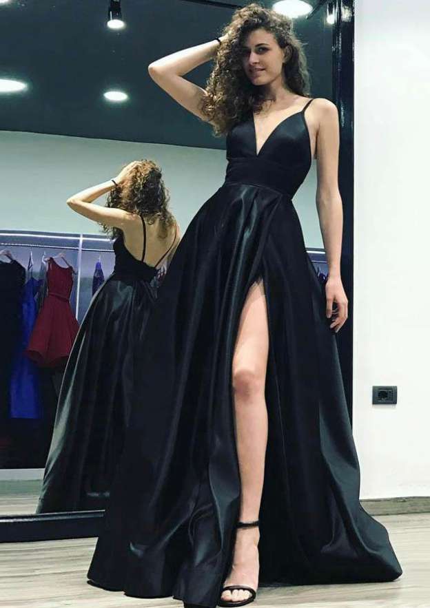 Radiant A-Line V-Neck Sleeveless Sweep Train Satin Prom Dress With Split BM bride