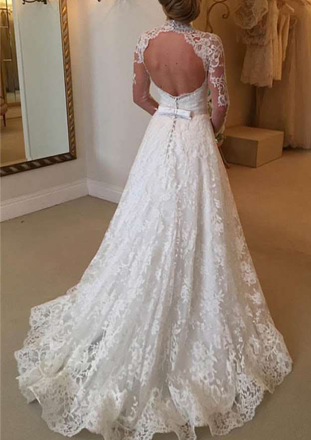 Beautiful Full/Long Sleeve Sweetheart A-Line/Princess Lace Wedding Dress with Covered Button and Appliqued Waistband BM bride
