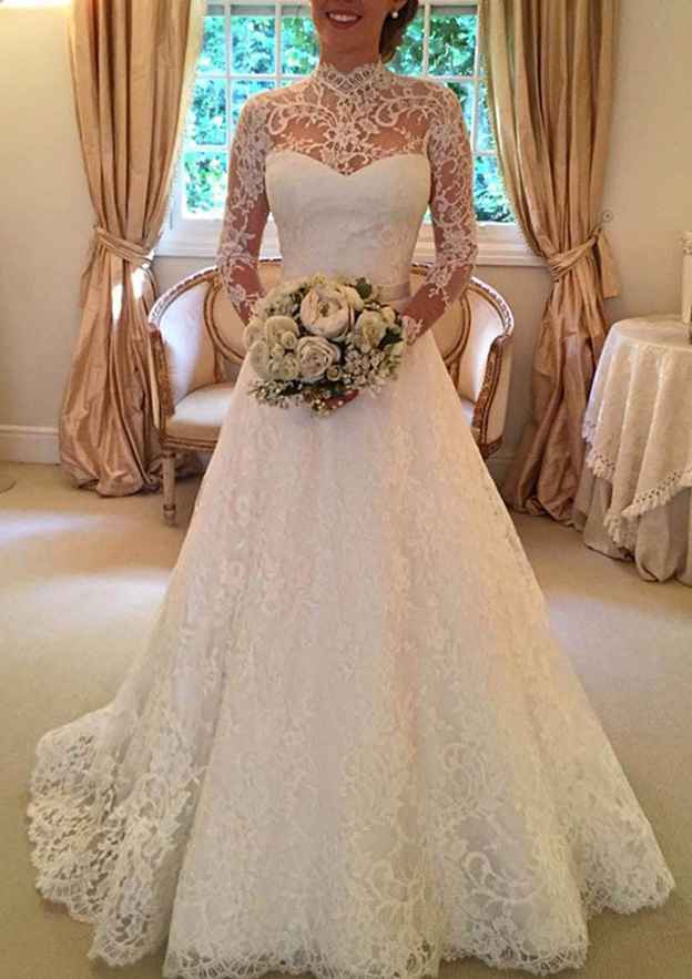 Beautiful Full/Long Sleeve Sweetheart A-Line/Princess Lace Wedding Dress with Covered Button and Applique Waistband BM bride