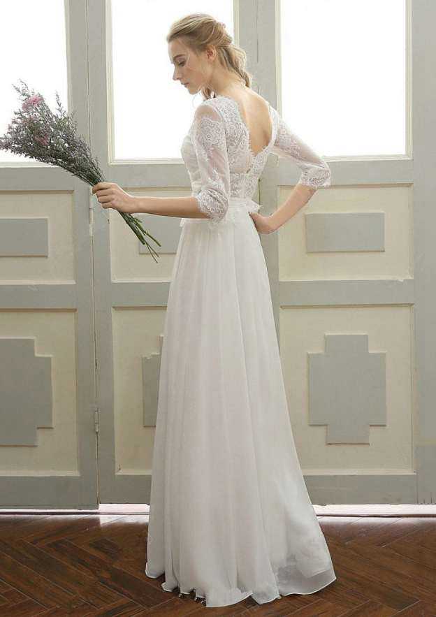 Timeless A-Line/Princess Chiffon Wedding Dress with Bateau Neckline and Long/Floor-Length Skirt with Lace Accents BM bride