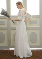 Timeless A-Line/Princess Chiffon Wedding Dress with Bateau Neckline and Long/Floor-Length Skirt with Lace Accents BM bride