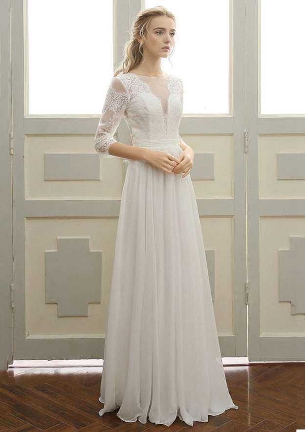 Timeless A-Line/Princess Chiffon Wedding Dress with Bateau Neckline and Long/Floor-Length Skirt with Lace Accents BM bride