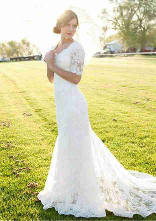 Sophisticated Scalloped Neck Lace Sheath/Column Wedding Dress with Court Train BM bride