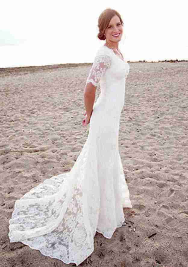 Sophisticated Scalloped Neck Lace Sheath/Column Wedding Dress with Court Train BM bride
