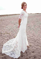 Sophisticated Scalloped Neck Lace Sheath/Column Wedding Dress with Court Train BM bride