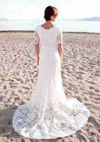 Sophisticated Scalloped Neck Lace Sheath/Column Wedding Dress with Court Train BM bride