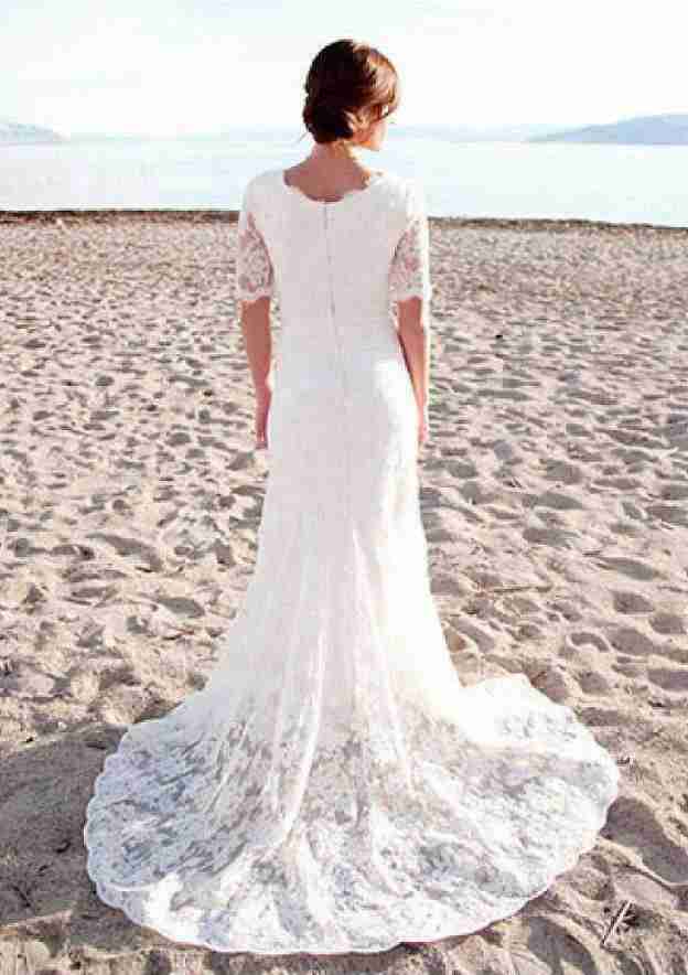 Sophisticated Scalloped Neck Lace Sheath/Column Wedding Dress with Court Train BM bride