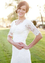 Sophisticated Scalloped Neck Lace Sheath/Column Wedding Dress with Court Train BM bride