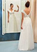 Elegant Scalloped Neck A-Line/Princess Tulle Wedding Dress with Long/Floor-Length Skirt and Lace Accents BM bride
