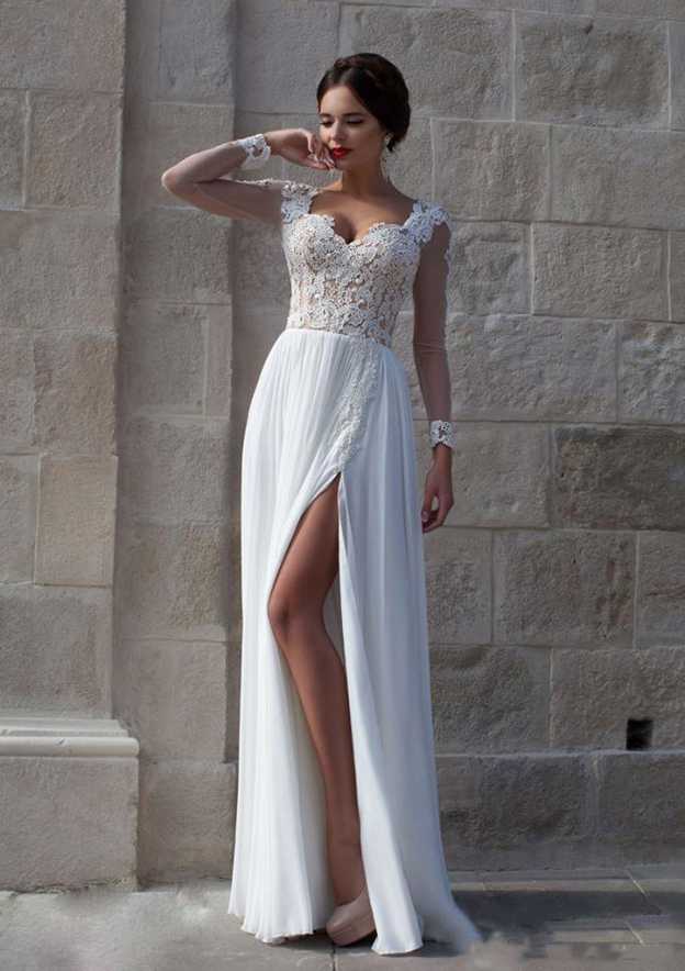Delicate A-Line/Princess Sweetheart Long/Floor-Length Chiffon Wedding Dress with Applique Split Front Design BM bride