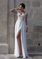Delicate A-Line/Princess Sweetheart Long/Floor-Length Chiffon Wedding Dress with Applique Split Front Design BM bride