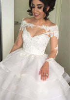 Beautiful A-Line/Princess Organza Wedding Dress with Off-The-Shoulder Neckline and Beaded Court Train BM bride