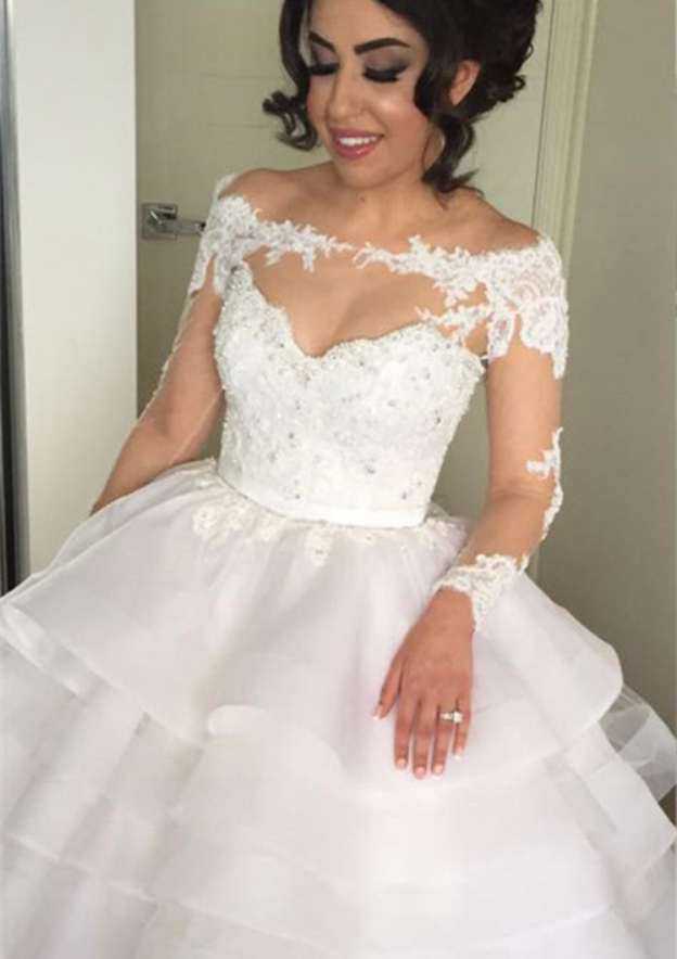 Beautiful A-Line/Princess Organza Wedding Dress with Off-The-Shoulder Neckline and Beaded Court Train BM bride