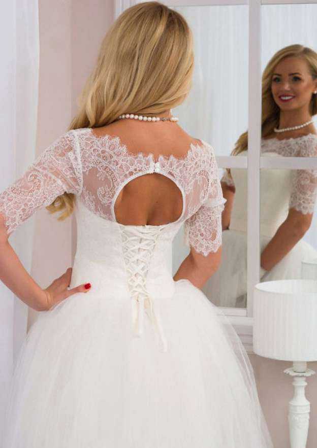 Graceful Lace A-Line Wedding Dress with Bateau Neckline and Elegant Long/Floor-Length Skirt BM bride