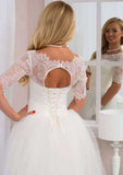 Graceful Lace A-Line Wedding Dress with Bateau Neckline and Elegant Long/Floor-Length Skirt BM bride