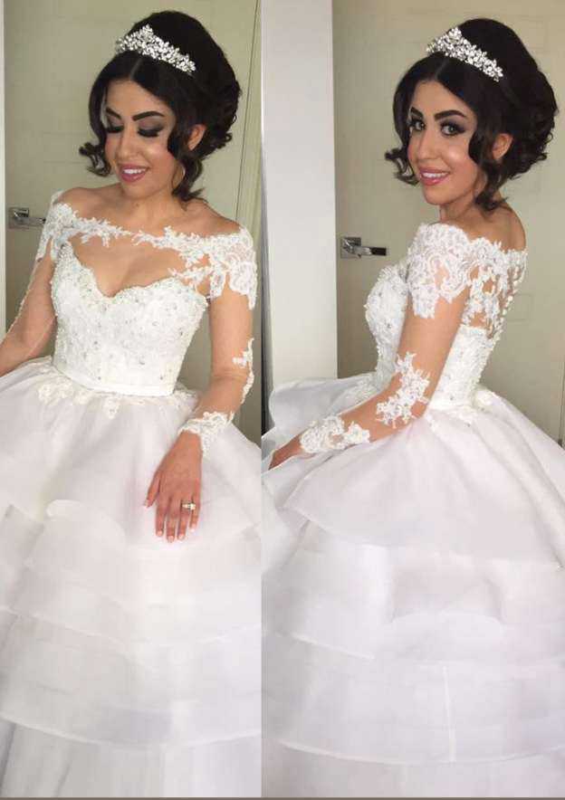 Beautiful A-Line/Princess Organza Wedding Dress with Off-The-Shoulder Neckline and Beaded Court Train BM bride