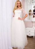Graceful Lace A-Line Wedding Dress with Bateau Neckline and Elegant Long/Floor-Length Skirt BM bride