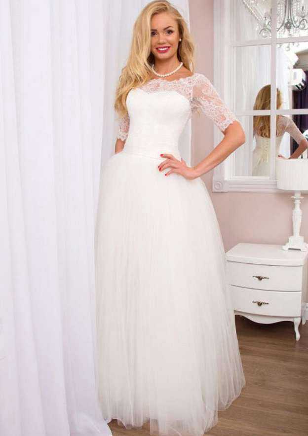 Graceful Lace A-Line Wedding Dress with Bateau Neckline and Elegant Long/Floor-Length Skirt BM bride