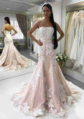 Beautiful Strapless Court Train Lace Wedding Dress with Pleated Details in Sleek Sheath/Column Style BM bride
