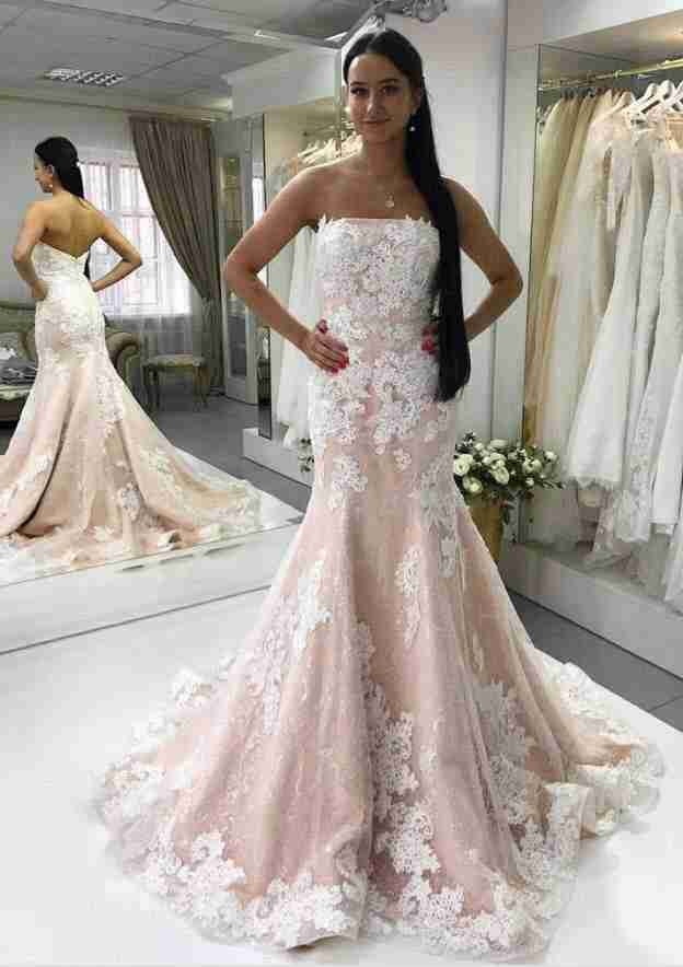 Beautiful Strapless Court Train Lace Wedding Dress with Pleated Details in Sleek Sheath/Column Style BM bride