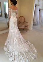 Appliqued Lace Sheath/Column Wedding Dress with Off-The-Shoulder Full/Long Sleeves and Court Train BM bride