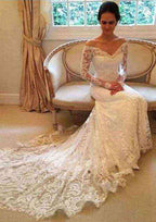 Appliqued Lace Sheath/Column Wedding Dress with Off-The-Shoulder Full/Long Sleeves and Court Train BM bride