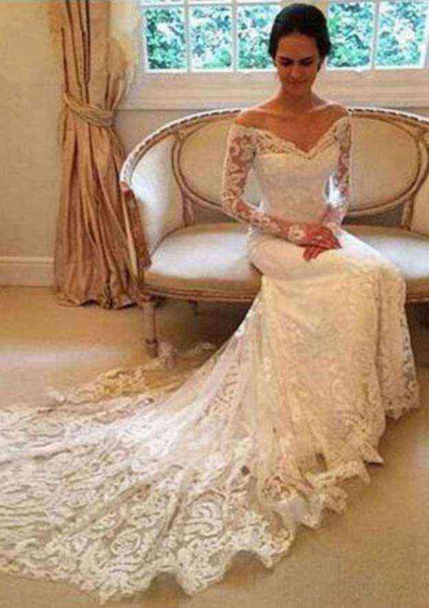 Appliqued Lace Sheath/Column Wedding Dress with Off-The-Shoulder Full/Long Sleeves and Court Train BM bride