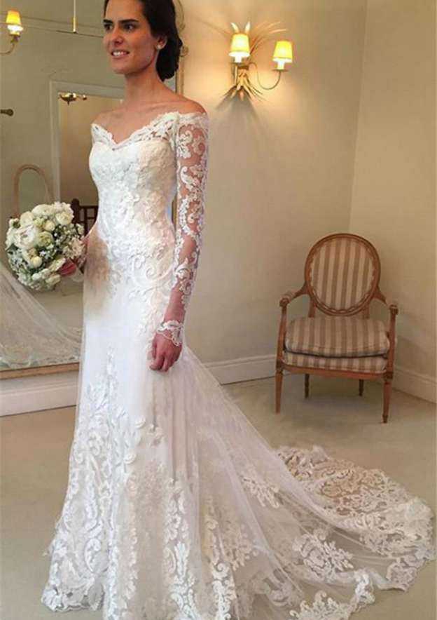 Appliqued Lace Sheath/Column Wedding Dress with Off-The-Shoulder Full/Long Sleeves and Court Train BM bride