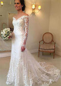 Appliqued Lace Sheath/Column Wedding Dress with Off-The-Shoulder Full/Long Sleeves and Court Train BM bride
