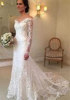 Appliqued Lace Sheath/Column Wedding Dress with Off-The-Shoulder Full/Long Sleeves and Court Train BM bride