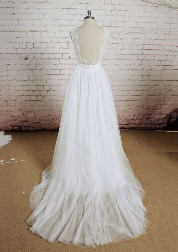 Romantic Lace V-Neck A-Line Wedding Dress with Court Train and Tulle Skirt BM bride