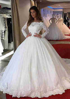 Graceful Lace Ball Gown Wedding Dress Off-the-Shoulder with Chapel Train and Pleated Accents BM bride