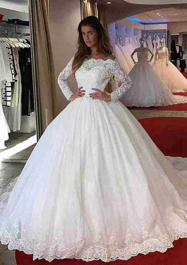 Graceful Lace Ball Gown Wedding Dress Off-the-Shoulder with Chapel Train and Pleated Accents BM bride