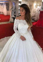 Graceful Lace Ball Gown Wedding Dress Off-the-Shoulder with Chapel Train and Pleated Accents BM bride