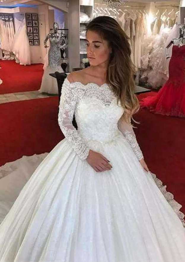 Graceful Lace Ball Gown Wedding Dress Off-the-Shoulder with Chapel Train and Pleated Accents BM bride