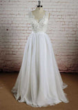 Romantic Lace V-Neck A-Line Wedding Dress with Court Train and Tulle Skirt BM bride